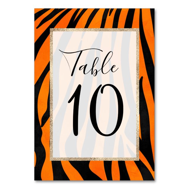 Wild Orange Black Tiger Stripes Animal Print Table Number (Front)