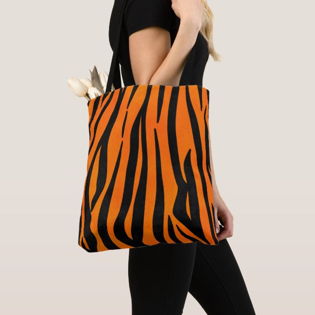 Wild Orange Black Tiger Stripes Animal Print Tote Bag (Close Up)