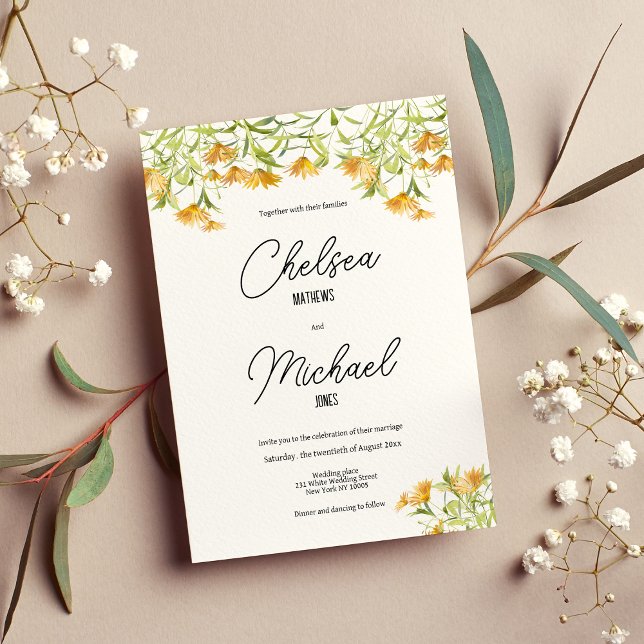 Wild orange yellow green spring floral wedding invitation (Wild orange yellow green spring floral wedding)