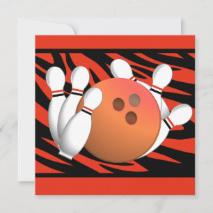 Wild Orange Zebra Stripe Bowling Party Invitation