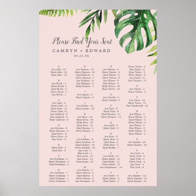 Wild Palm Blush Alphabetical Seating Chart (Front)