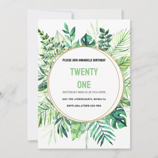 Wild palm leaves, golden frame invitation (Front)