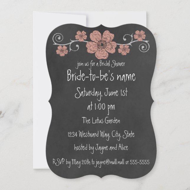 Wild Peach Roses Chalkboard Bridal Invitation (Front)