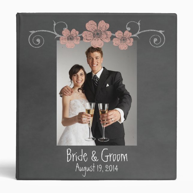 Wild Peach Roses Chalkboard Wedding Photo Album Binder (Front)