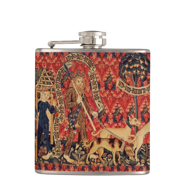 WILD PEOPLE IN DEER HUNT, Animals ,Red Floral Hip Flask (Front)