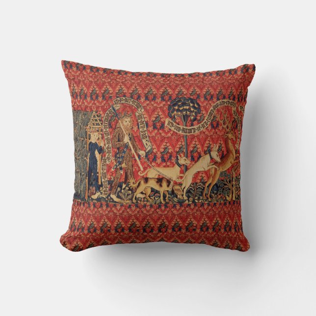 WILD PEOPLE IN DEER HUNT, Animals ,Red Floral  Throw Pillow (Front)