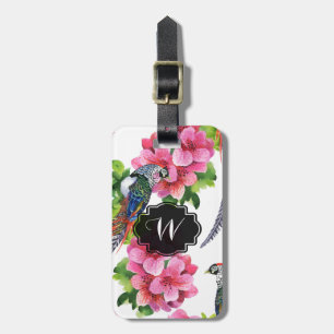 Wild pheasant birds watercolor pink flowers luggage tag