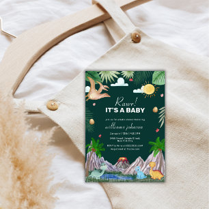 Wild Pine Green Rawr Volcano Dinosaur Baby Shower Invitation