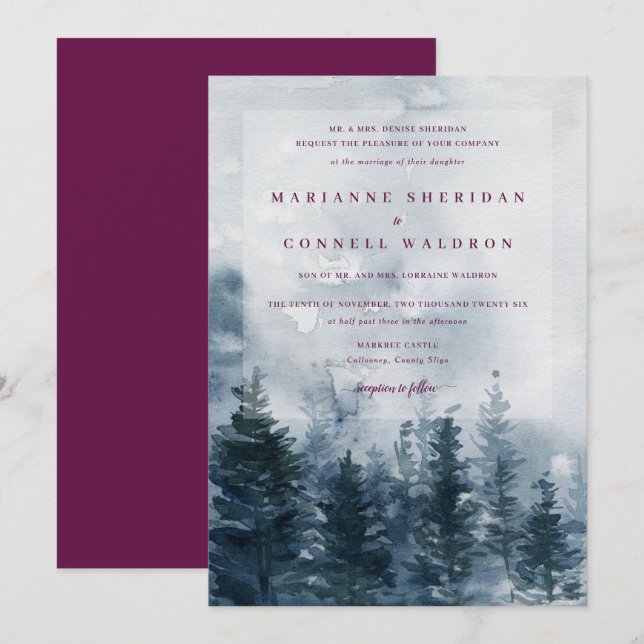 Wild Pines | Navy + Berry Wedding Invitation (Front/Back)