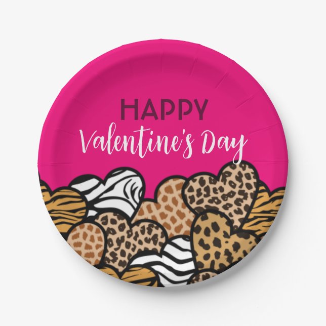 Wild Pink Animal Print Heart Valentine's Day Party Paper Plate (Front)