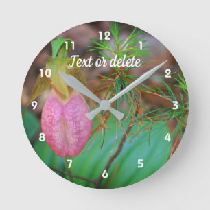 Wild Pink Lady Slipper Orchid And Evergreens  Round Clock