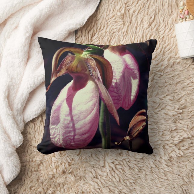 Wild Pink Lady Slipper Orchid Pair Close Up  Throw Pillow (Blanket)
