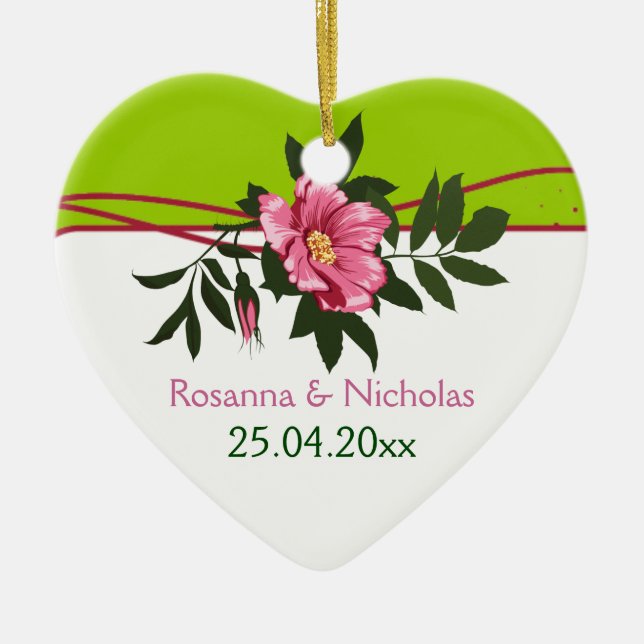 Wild pink rose floral wedding lime green keepsake ceramic ornament (Front)