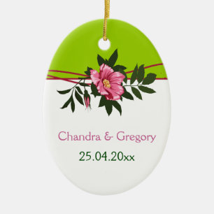 Wild pink rose floral wedding lime green keepsake ceramic ornament
