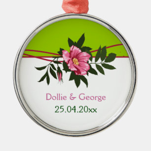 Wild pink rose floral wedding lime green keepsake metal ornament