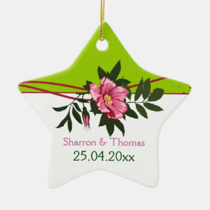 Wild pink rose floral wedding mint green keepsake ceramic ornament