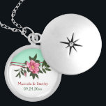 Wild pink rose floral wedding mint green keepsake silver plated necklace<br><div class="desc">Wild pink rose floral wedding mint green keepsake necklace, featuring a beautiful wild rose in pink with dark green leaves, red waved lines and halftone elements on white and mint green background. This modern, elegant and romantic pendant design can be used for special occasions such as engagements, weddings, birthdays, anniversaries...</div>