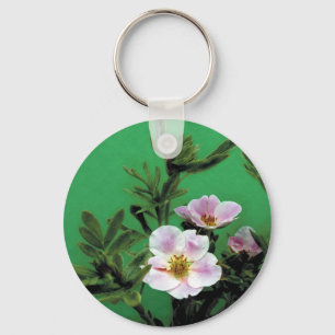wild pink rose flowers in green, Elegant Keychain