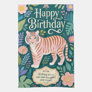 Wild Pink Tiger Birthday Adventure Kitchen Towel