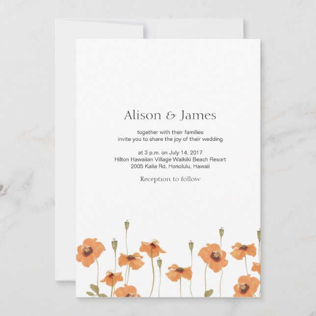 Wild poppy flower wedding invitation (Front)