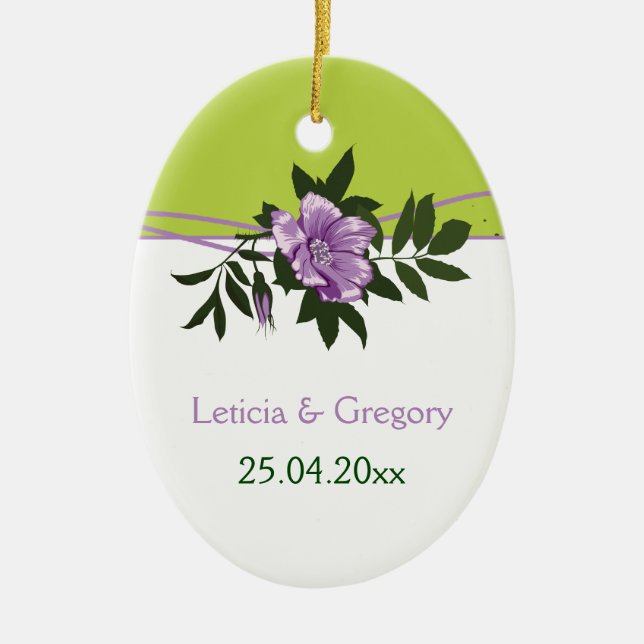 Wild purpl rose floral wedding green keepsake ceramic ornament (Front)