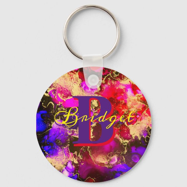 Wild Purple and Fuscia Alcohol Ink Keychain (Front)