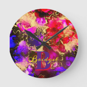 Wild Purple and Fuscia Alcohol Ink Round Clock