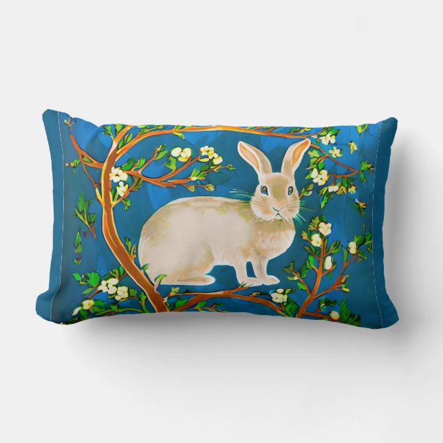 Wild Rabbit and Flowering Branches Lumbar Pillow (Front)