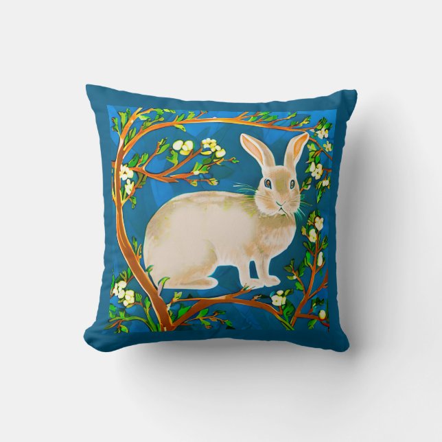 Wild Rabbit and Flowering Branches Throw Pillow (Front)