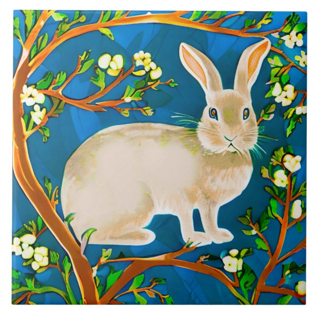 Wild Rabbit and Flowering Branches Tile (Front)