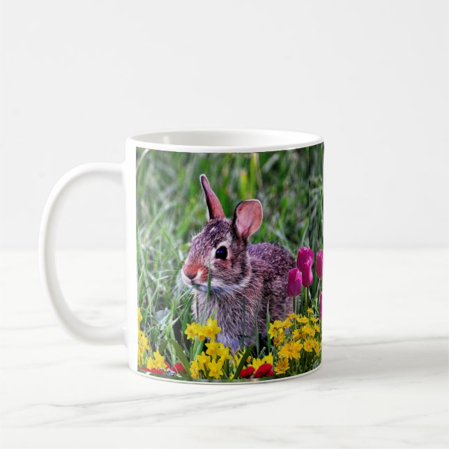 Wild Rabbit and Pink Tulips Spring Season  Coffee Mug (Left)