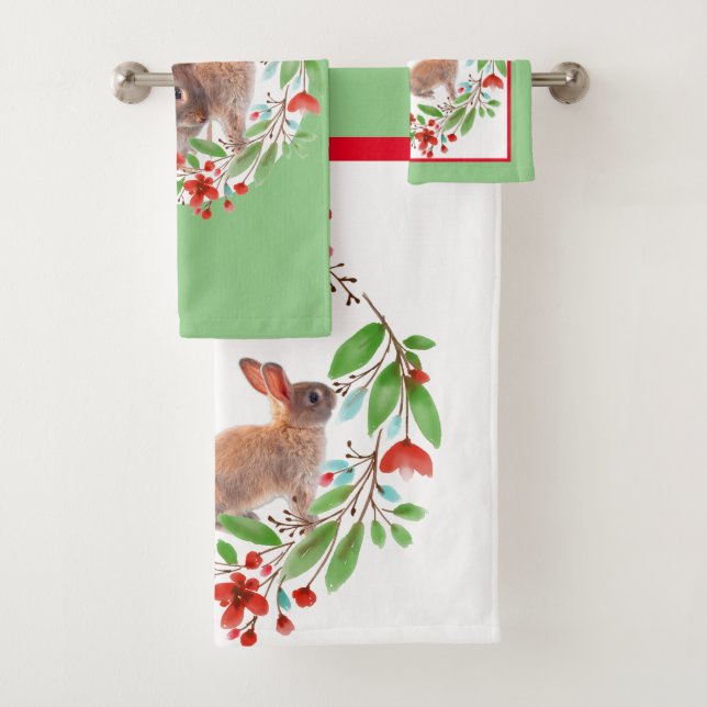 Wild Rabbit and Red Floral Wreath Bath Towel Set (Insitu)