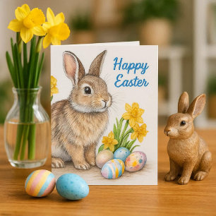 Wild Rabbit with Daffodils Easter Holiday Card