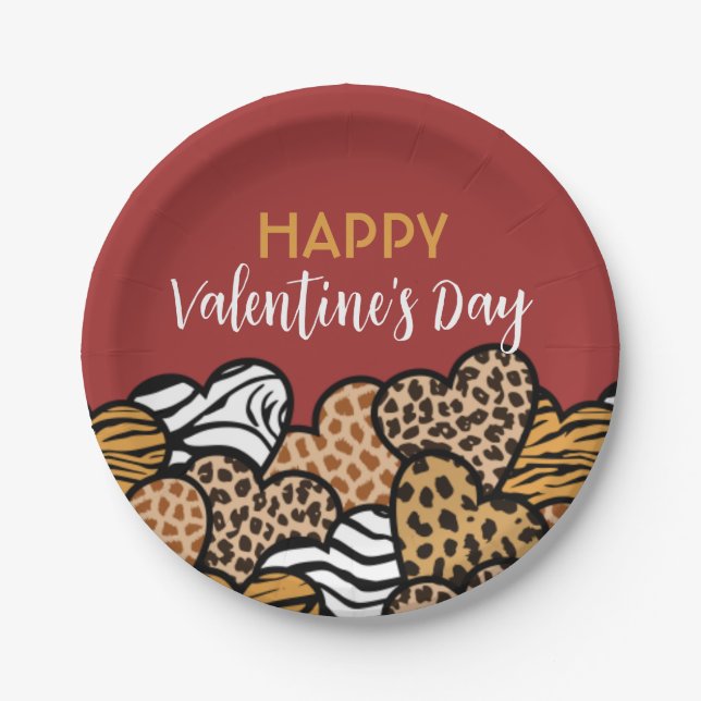 Wild Red Animal Print Heart Valentine's Day Party Paper Plate (Front)