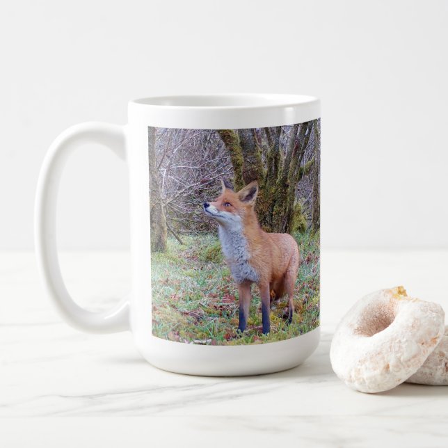 Wild Red Fox Standing Frosty Landscape Cozy Winter Coffee Mug (With Donut)
