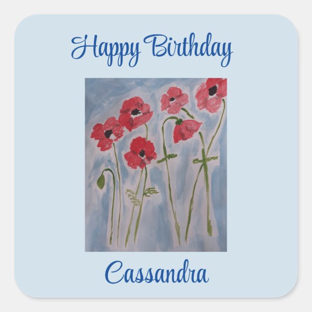 Wild Red Poppies Birthday  Square Sticker (Front)