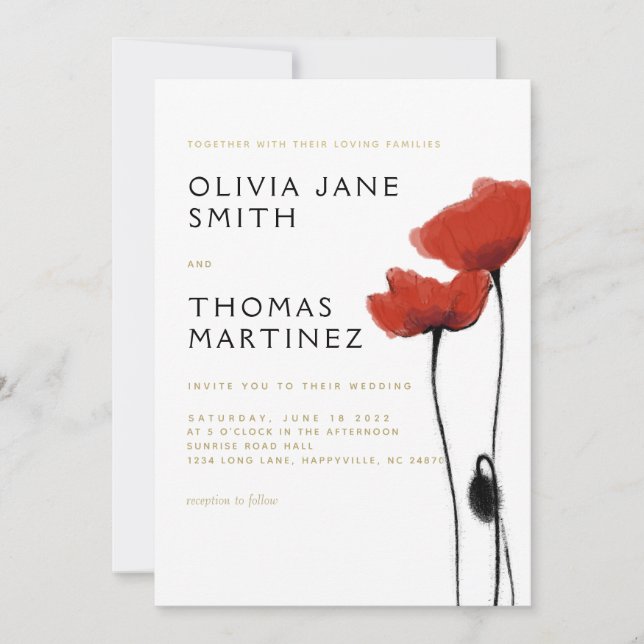 Wild Red Poppies Gold Rustic Elegant Chic Wedding Invitation (Front)
