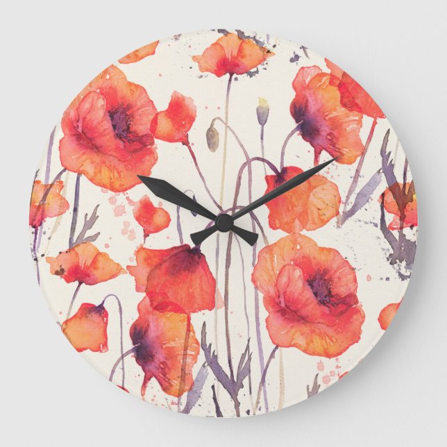 Wild red poppies, watercolor pattern large clock (Front)