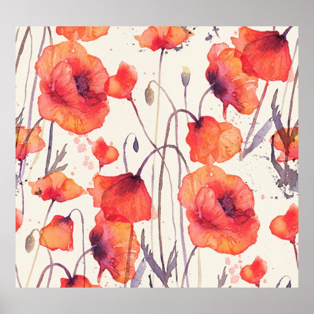 Wild red poppies, watercolor pattern poster (Front)