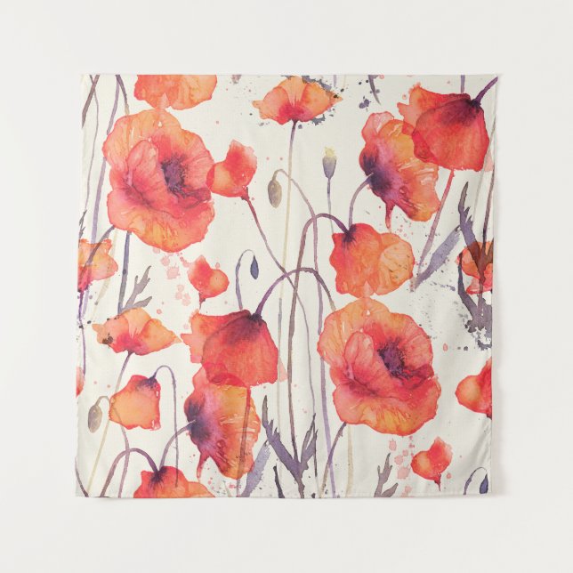 Wild red poppies, watercolor pattern tapestry (Front)
