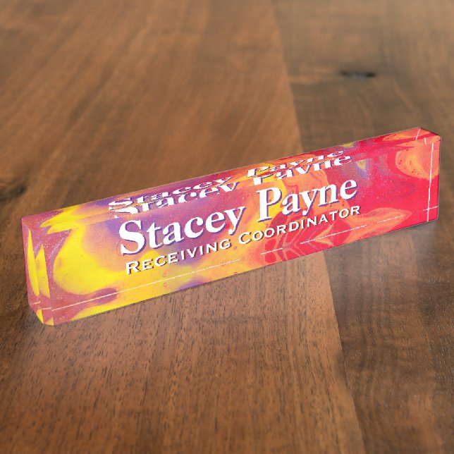 Wild Red Purple Acrylic Flow Art Desk Nameplate (Side)