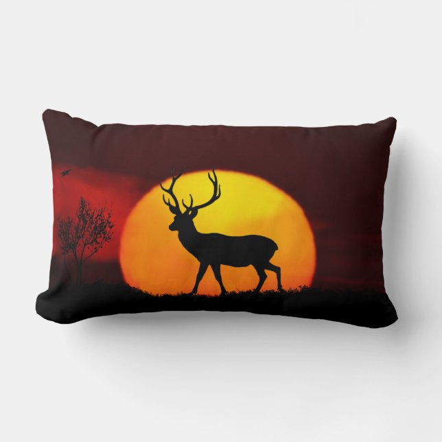 Wild reindeer silhouette & sunrise on a jungle lumbar pillow (Front)