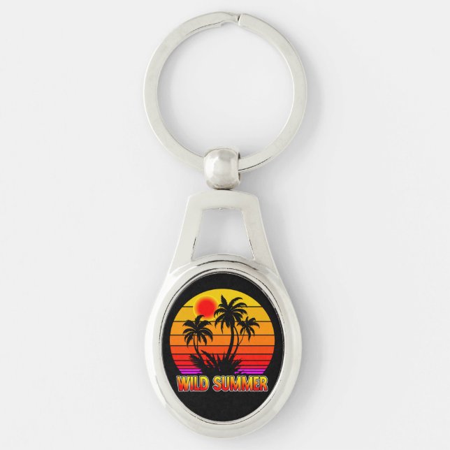 Wild Retro Summer Vibes with Palm Trees Design Keychain (Front)