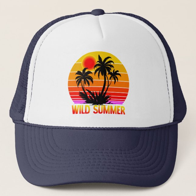 Wild Retro Summer Vibes with Palm Trees Design Trucker Hat (Front)