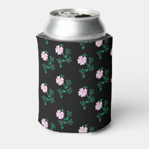 Wild Rose - Floral Pattern on Black Background Can Cooler