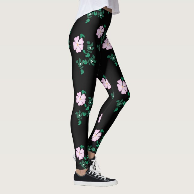 Wild Rose - Floral Pattern on Black Background   Leggings (Right)