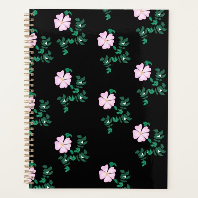 Wild Rose - Floral Pattern on Black Background Planner (Front)