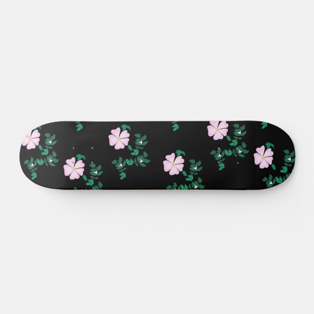 Wild Rose - Floral Pattern on Black Background  Skateboard (Horz)