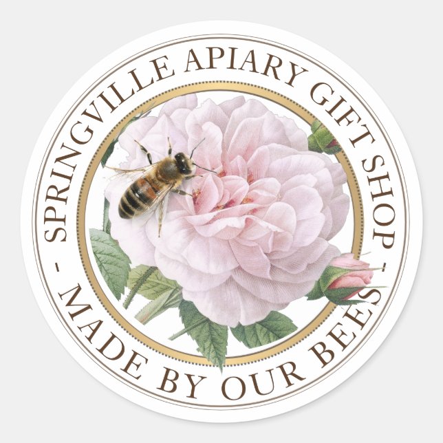 Wild Rose Flower Honeybee Made By Bees Honey Classic Round Sticker (Front)