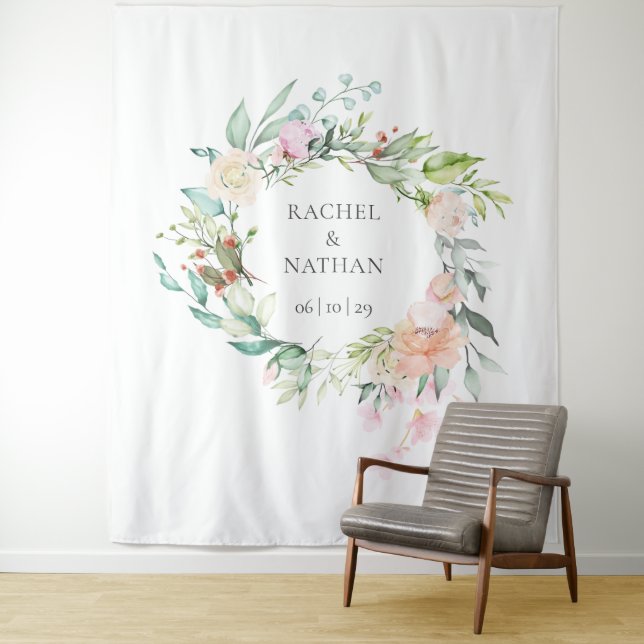 Wild Rose Garland Wedding Photo Booth Backdrop Tapestry (In Situ)